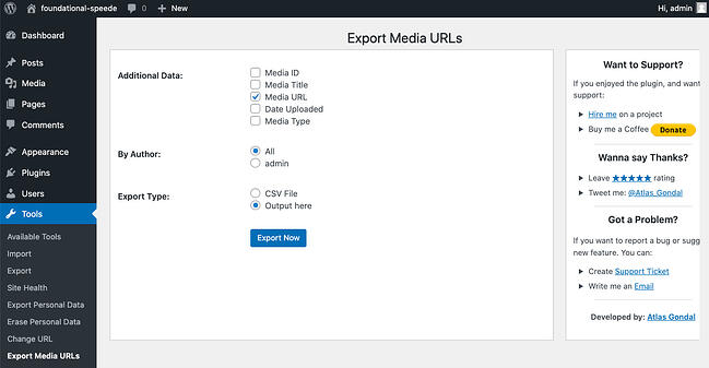 _Export WordPress仪表板的“工具”选项卡下的“媒体URL插件”页面