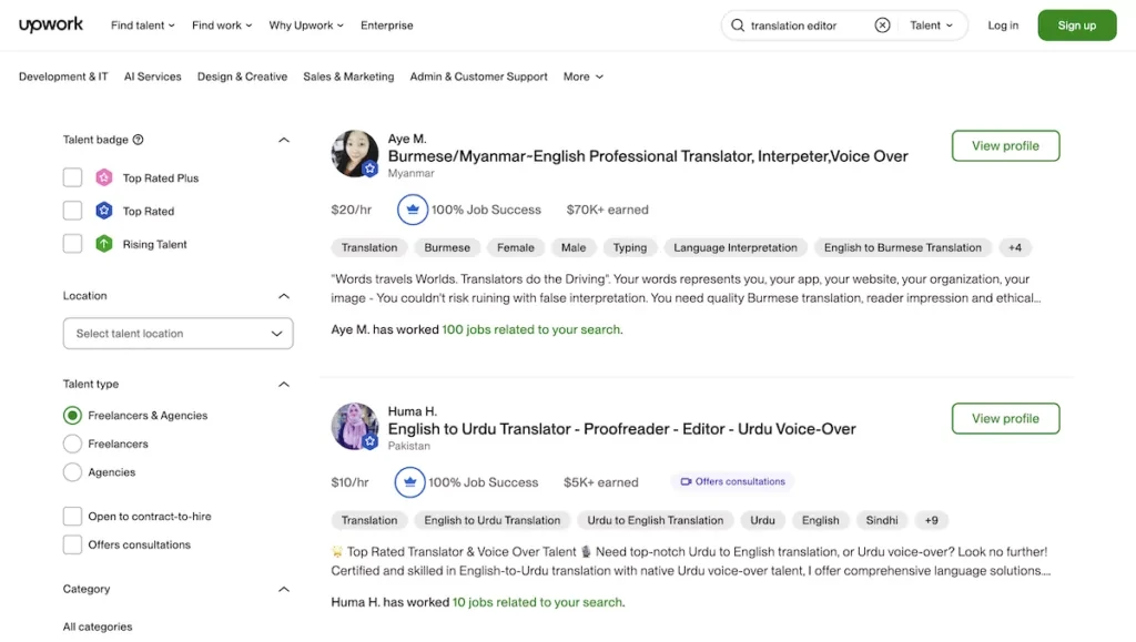 一个 Upwork 搜索页面，显示翻译编辑费率。