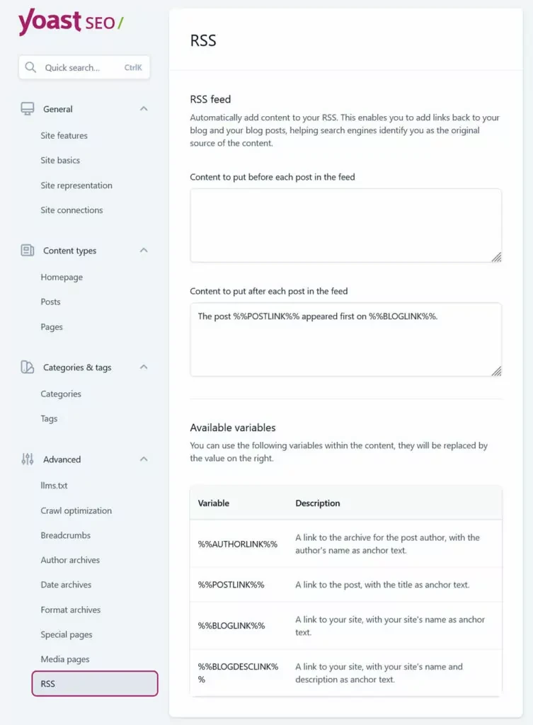 在 Yoast SEO 中设置 RSS 归因