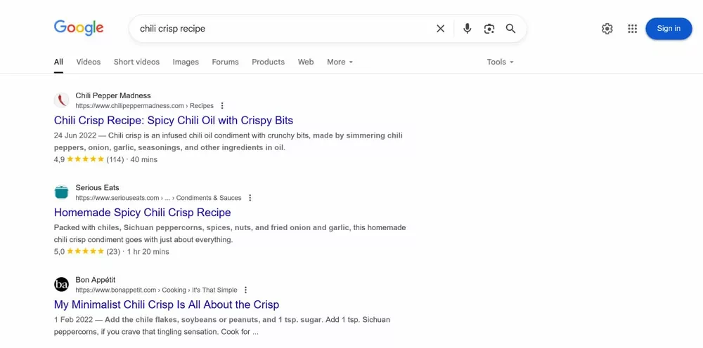 Google 搜索页面中的不同结果