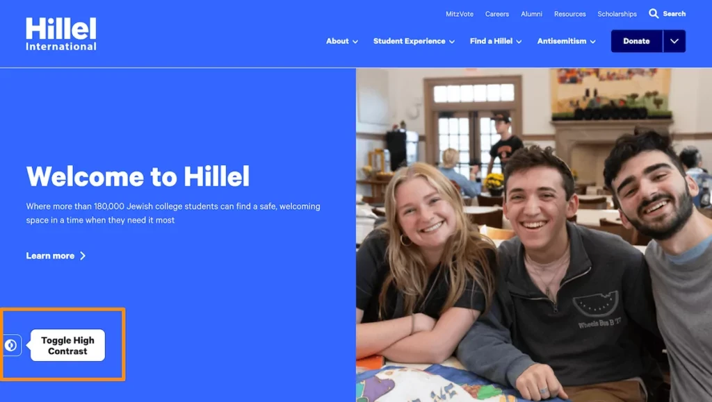 Hillel International 网站上的高对比度选项。