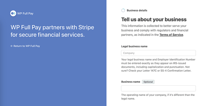 使用 WP 全额付款设置向导设置新的 Stripe 账户。