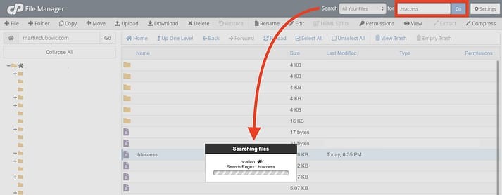 在 cPanel 文件管理器中搜索 .htaccess 文件。