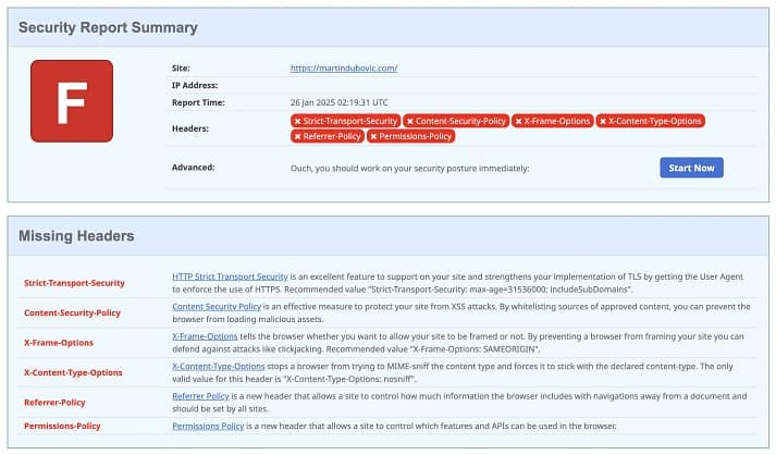 SecurityHeaders.com 安全扫描失败。