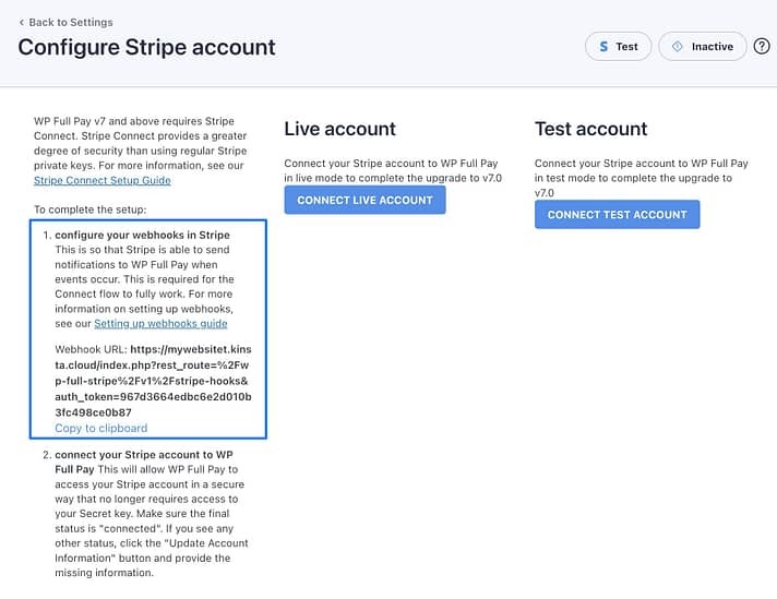 用于配置 Stripe 账户和 Webhook 的页面