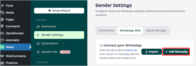 为 Wawp 和 WordPress 选择手动连接