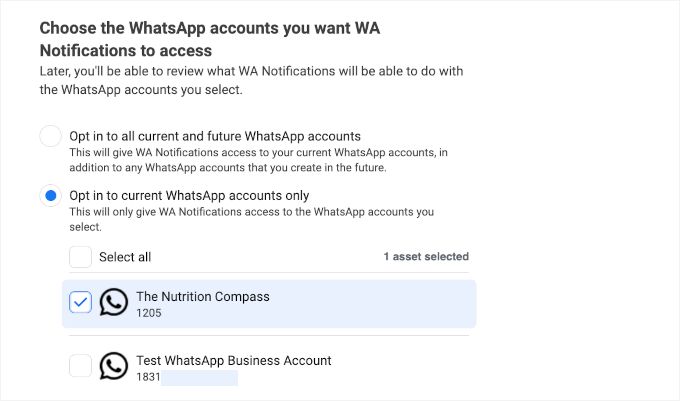 选择一个 WhatsApp 帐户