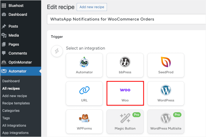 选择 WooCommerce 作为触发器