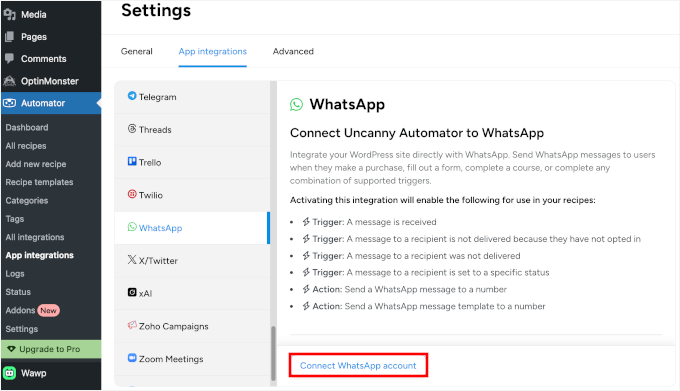 将 Uncanny Automator 连接到 WhatsApp