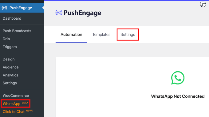 PushEngage 的 WhatsApp 菜单中的设置选项卡