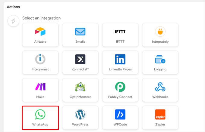 选择 WhatsApp 集成以采取行动