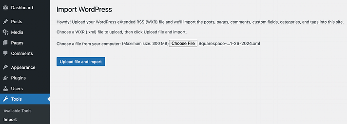 选择您的 Squarespace 网站的.xml文件以切换到 WordPress