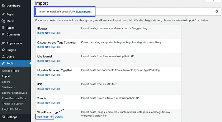成功安装 WordPress 导入器