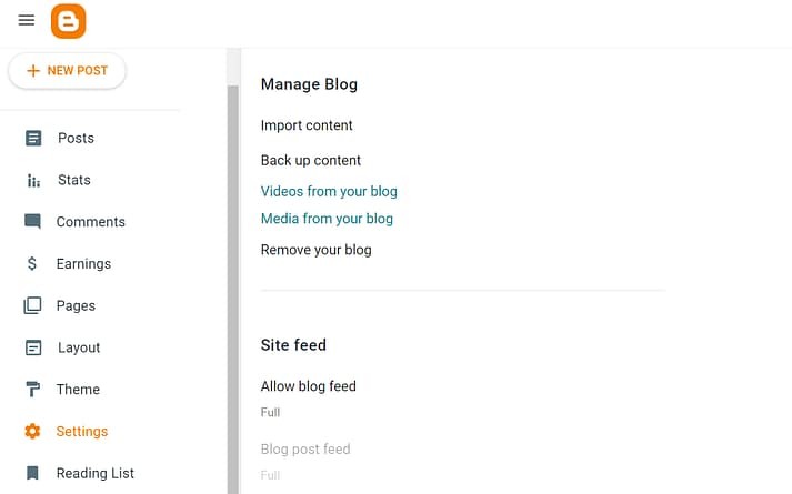 Blogger 中的“管理博客”部分