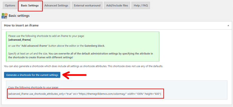 生成短代码 - WordPress iFrame
