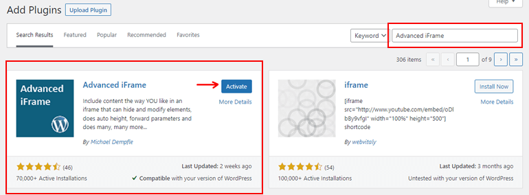 激活高级 iFrame WordPress 插件