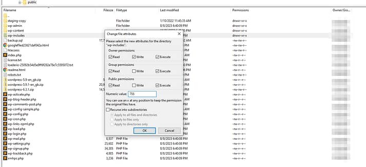 修复 WordPress 白屏死机时设置文件权限的数值。