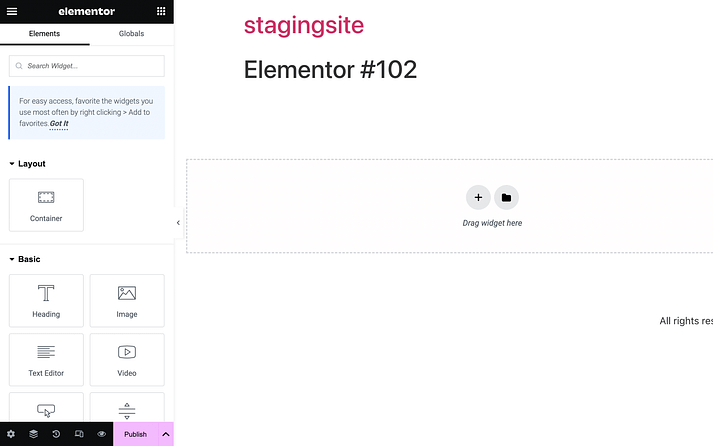 Elementor 页面构建器编辑器屏幕。