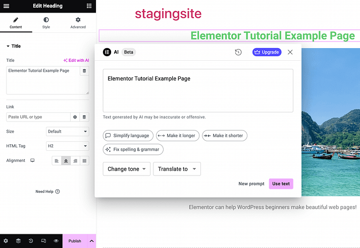 Elementor 关于使用 AI 文本生成器的教程。