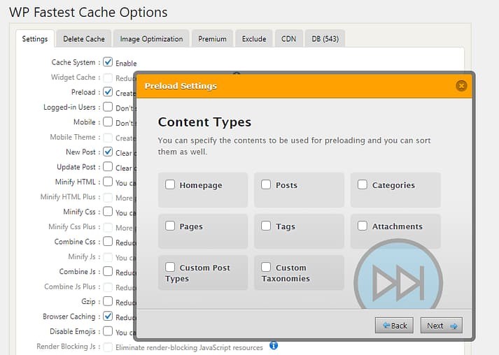 WP Fastest Cache 高级选项。