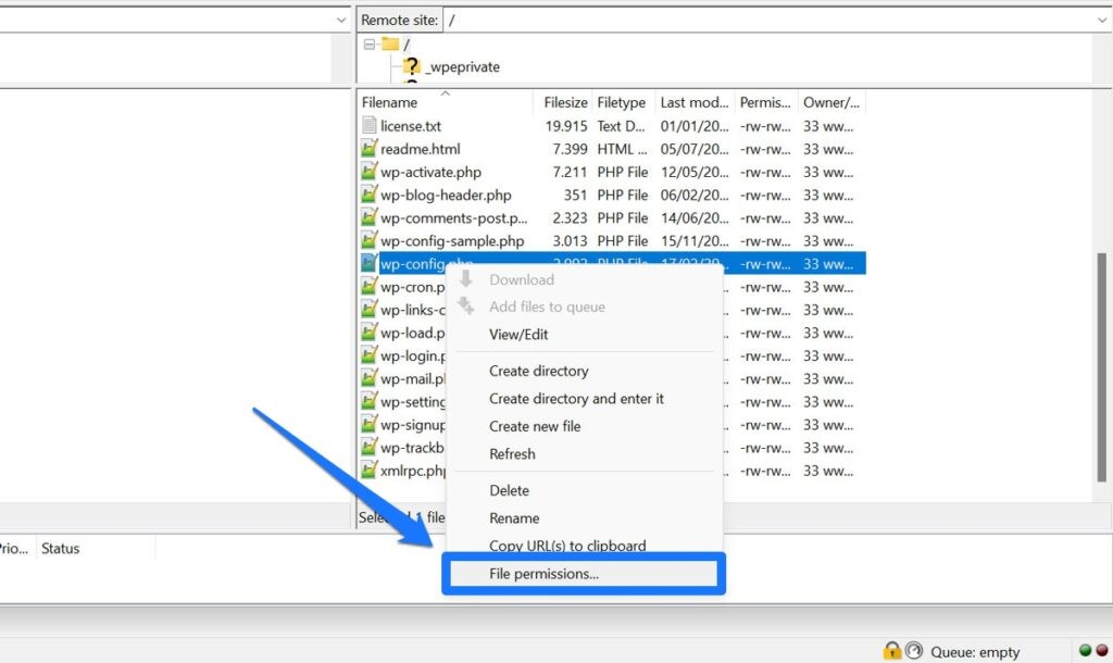 在 Filezilla 中访问 WordPress 文件权限