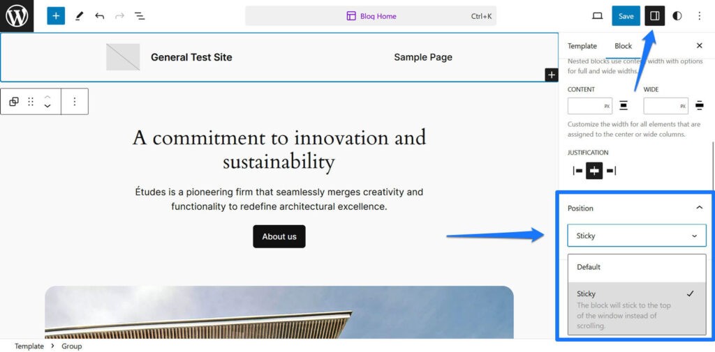 在 WordPress 编辑器中使组块具有粘性