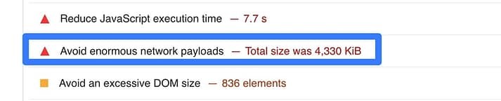 PageSpeed Insights 中的“避免巨大的网络有效负载”消息。