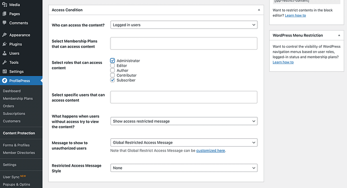 在ProfilePress中选择访问条件。