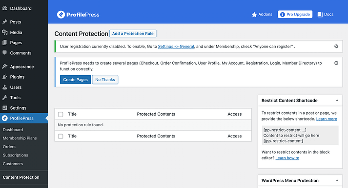 在 ProfilePress 中添加保护规则以限制 WordPress 内容。