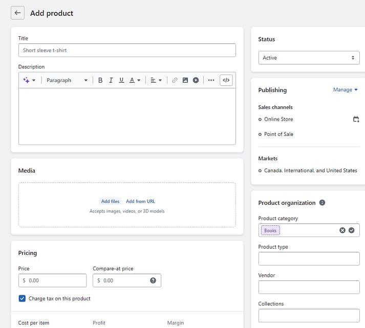 Shopify 产品设置区，用于 Shopify 与 WooCommerce 的比较。