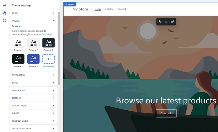 Shopify 主题设置中打开了“颜色”区域。