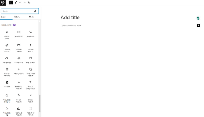 带 WooCommerce 的 WordPress 编辑器块是打开的。