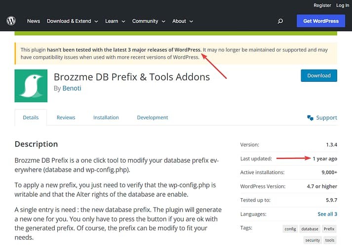 WordPress 仓库中一个过时插件的示例。