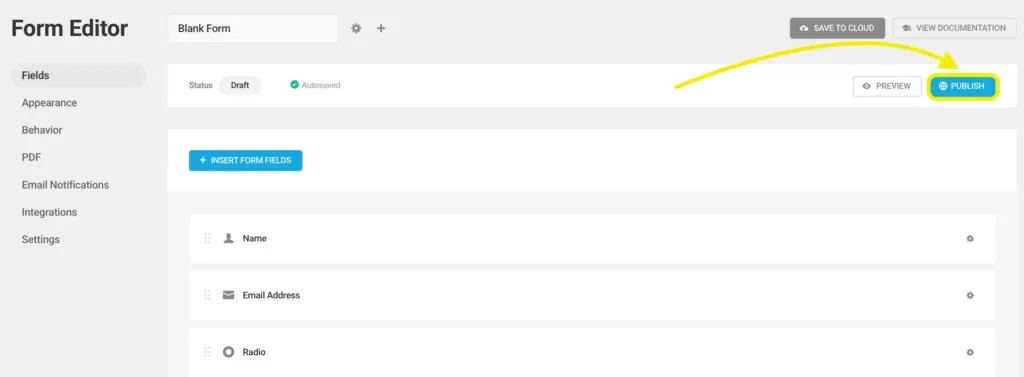 Forminator 表单编辑器，带有姓名、邮箱字段和发布选项