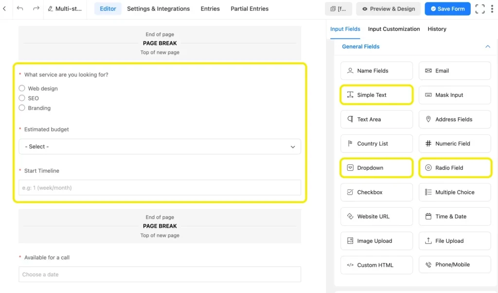 表单构建流畅表单，包含简洁文本、下拉菜单和无线电字段。