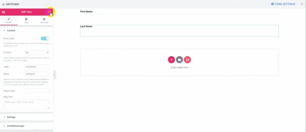 Elementor 中的 MetForm 构建器 - 命名输入字段