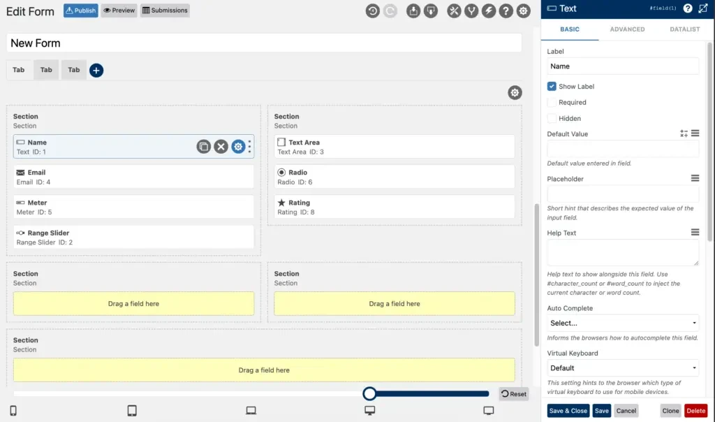 WS表单构建器，带有文本字段设置，重命名为名称、文本区域、无线电、电子邮件、评分和范围滑块输入字段