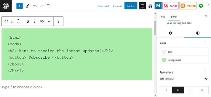 自定义代码块以显示不同颜色的HTML代码。
