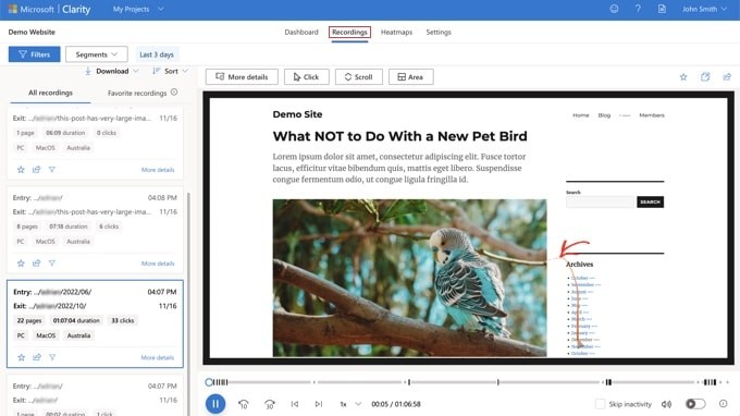 清晰度显示用户会话录制