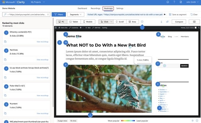 Clarity的热力图显示鼠标点击