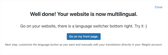 Weglot's success message Weglot的成功信息
