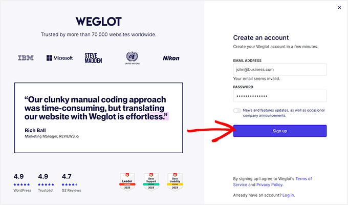 Weglot signup page Weglot注册页面
