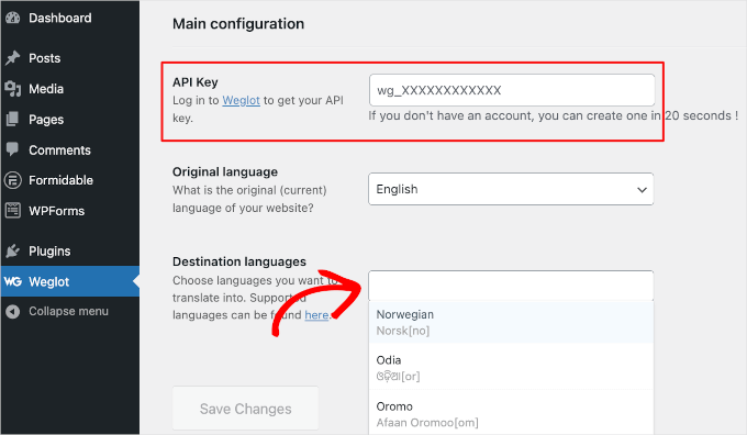 Paste your API key into the Weglot plugin and select destination language 把你的API密钥粘贴到Weglot插件里,然后选择目标语言