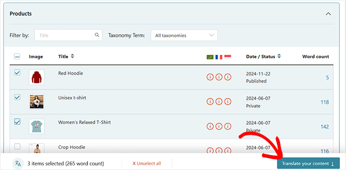 Click the Translate your content button 点击“翻译您的内容”按钮