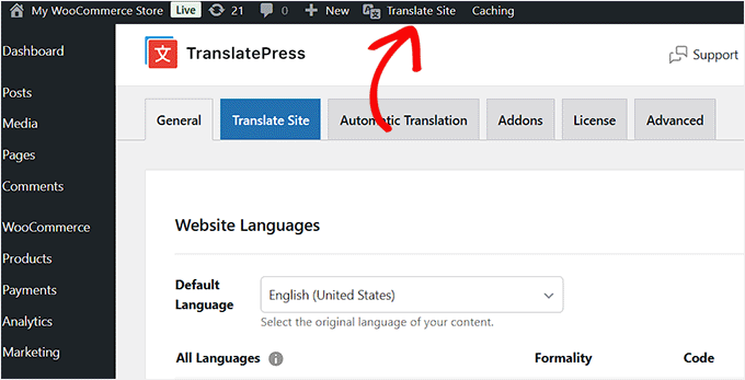 Click the Translate Site link in the admin bar 点击管理栏中的翻译网站链接