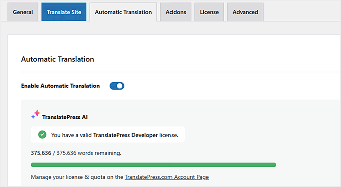 Enable TranslatePress AI option 启用TranslatePress AI选项