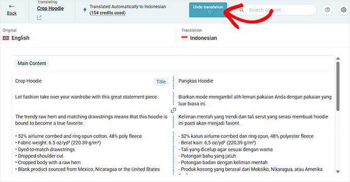 Click the Undo Translation button 点击撤销翻译按钮