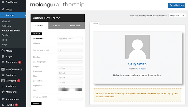 Molongui 作者盒编辑器。