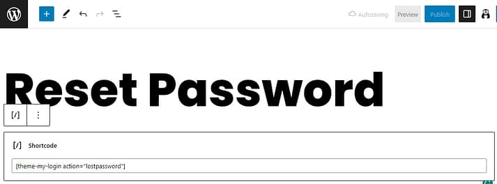 在WordPress自定义重置密码页面输入lostpassword短码。