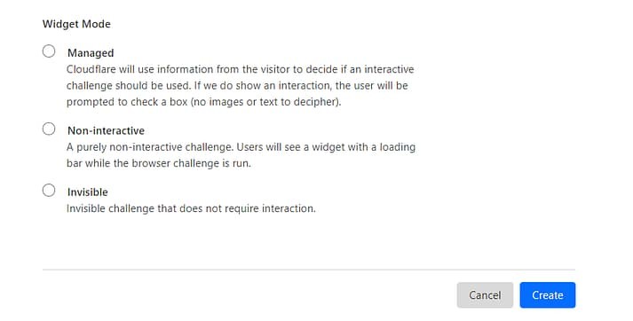 为你的Cloudflare验证码选择小部件模式。